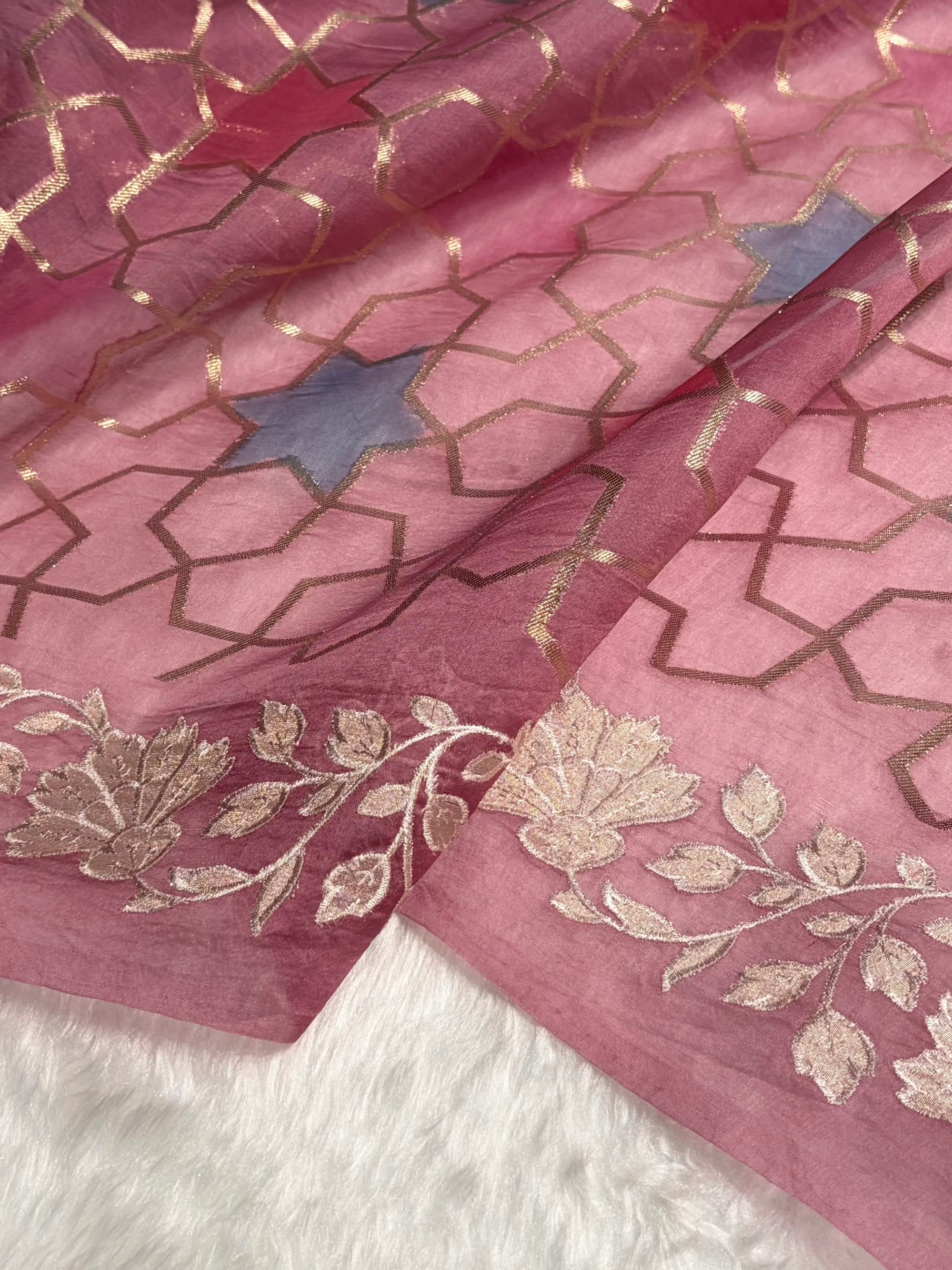 Pure Organza Rangkat Rani Floral Border Banarasi Silk Saree PO-08