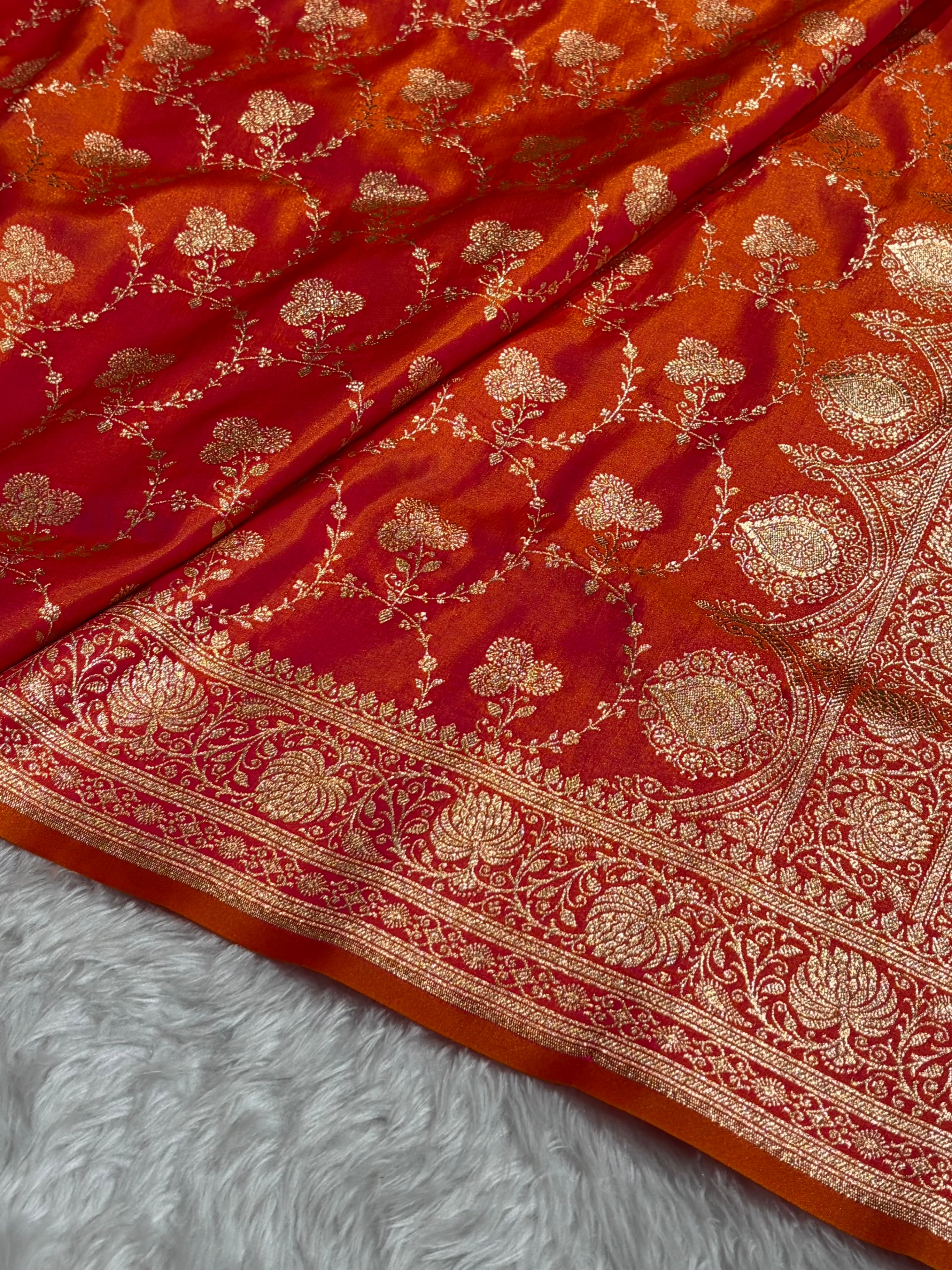 Satin Silk Saree Jaal in Pinkish Orange Shades SS23