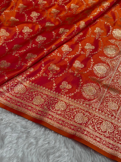 Satin Silk Saree Jaal in Pinkish Orange Shades SS23