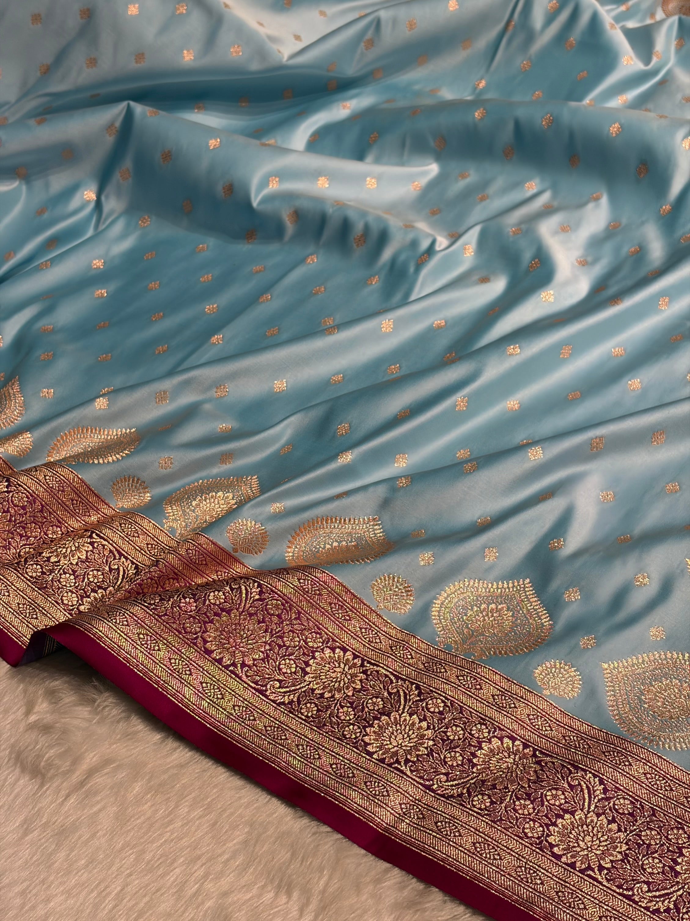 Sky blue with Rani Booti Satin Katan Silk saree SK29