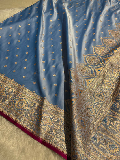 Powder Blue Booti Satin katan Silk Saree SK11