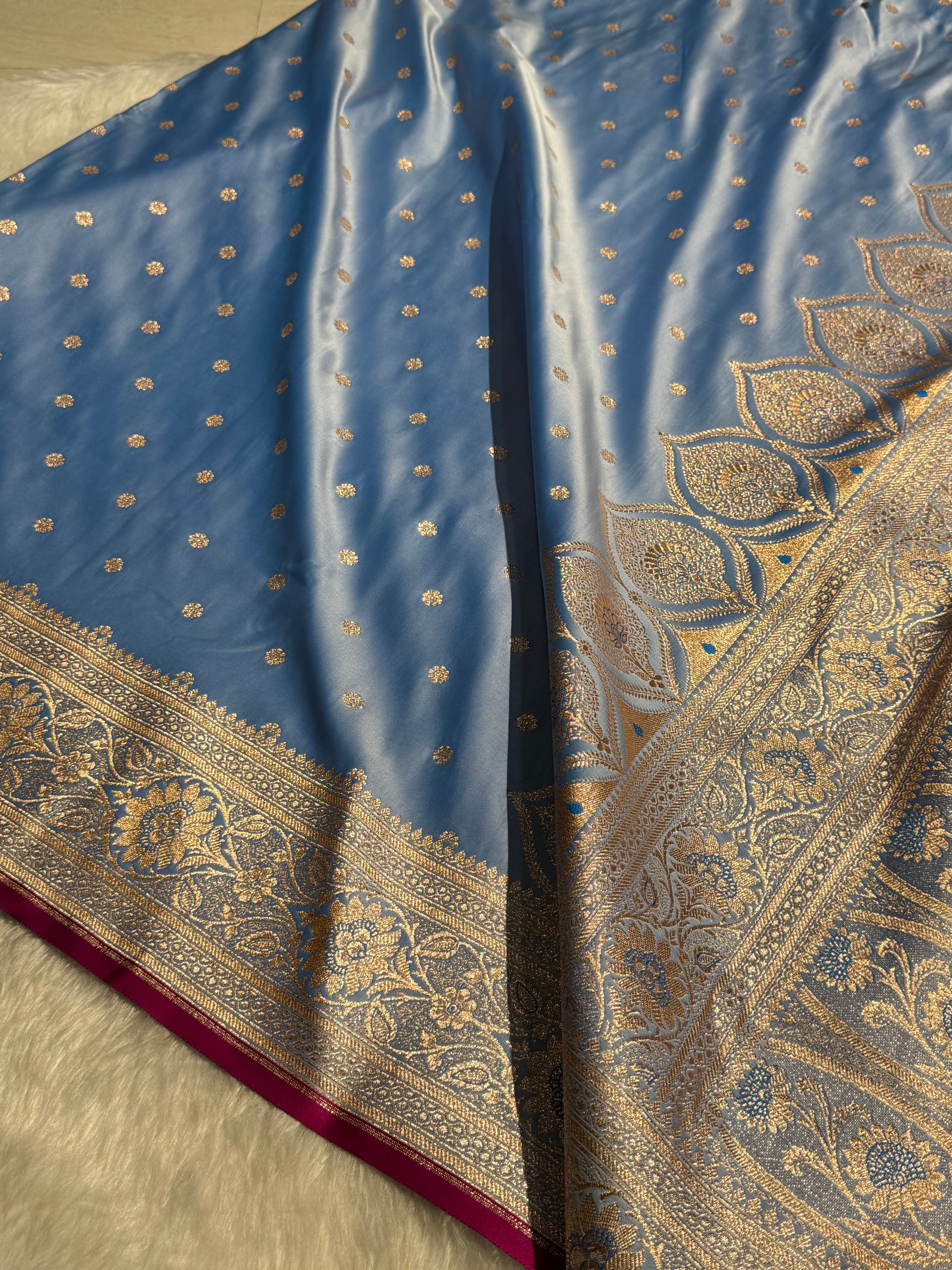 Powder Blue Booti Satin katan Silk Saree SK11