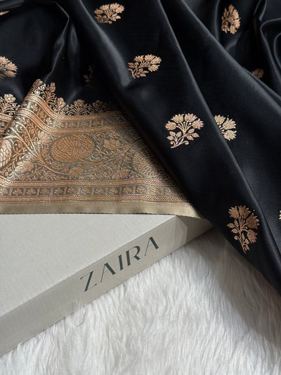 Black - Cream Banarasi Boota Katan Silk Saree