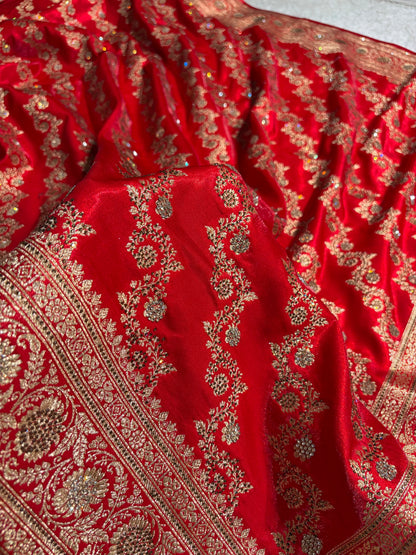 Banarasi Bridal Red Shades With Swarovski Stone and White Stone Work Satin Silk Saree BSS32