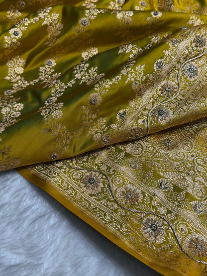 Mehandi Floral Jaal Pattern Satin Katan Silk Saree BSK43
