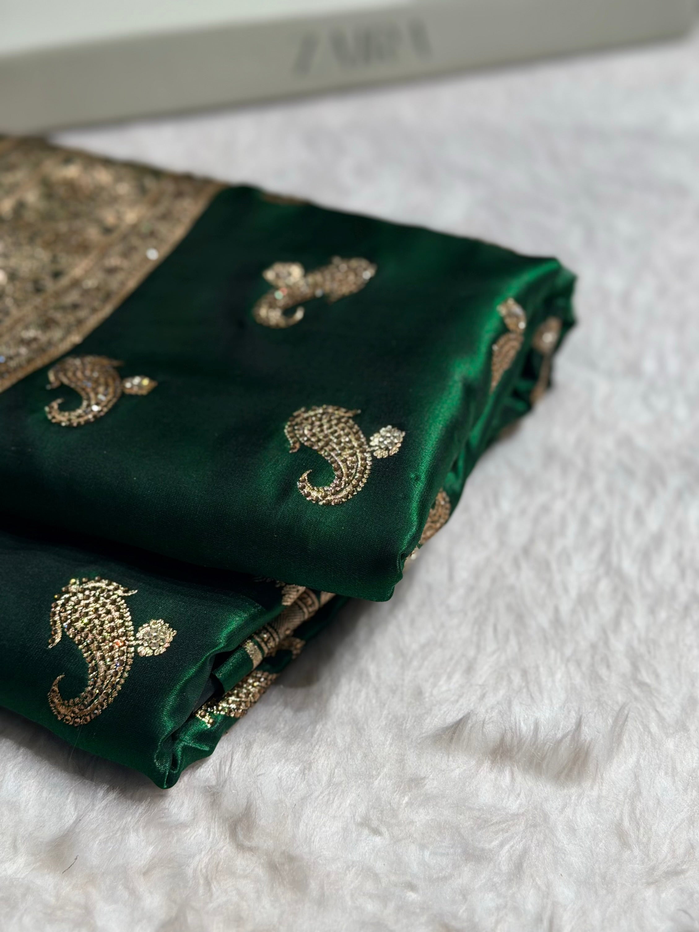 Satin Silk Saree Tredition Banarasi Swarovski Work Floral Boota in Bottle Green Shades BSS27