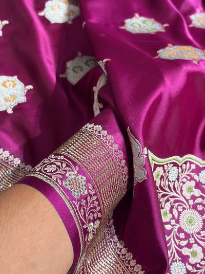 Premium Banarasi Satin Katan Saree Swarovski Work Minakari Booti Pattern in Wine Shades BSK04