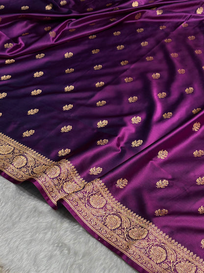 Dark Magneta Floral Boota Pattern Satin Katan Silk Saree SK71