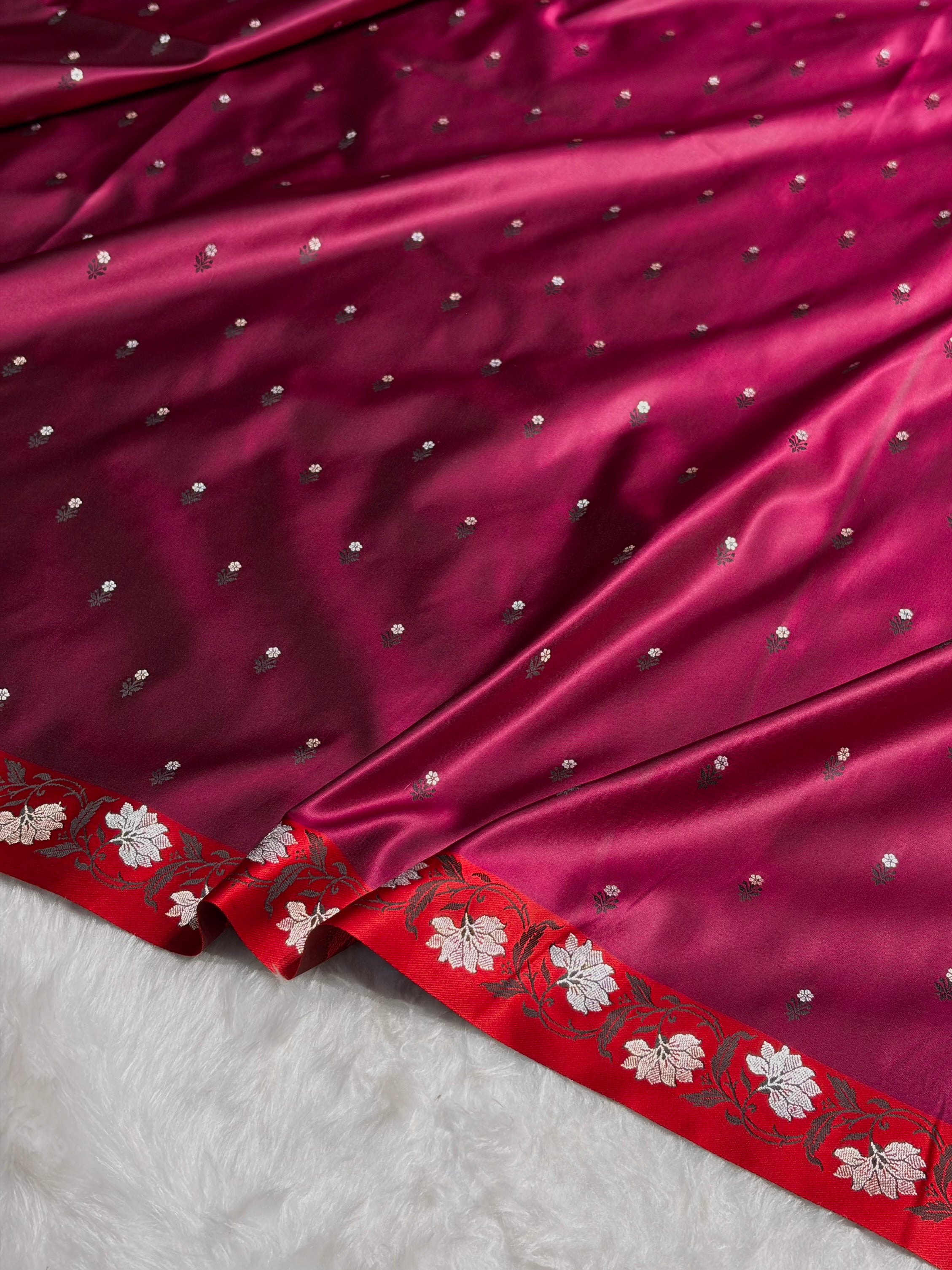 Rose With Red Floral Boota With Floral Border Mashru Silk Saree MSM 78