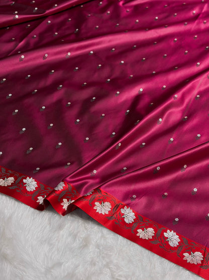 Rose With Red Floral Boota With Floral Border Mashru Silk Saree MSM 78