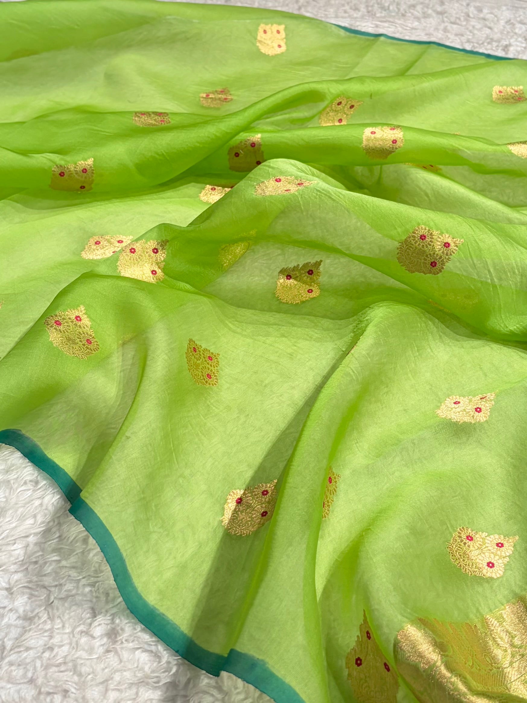 Pure Banarasi Organza Pista Green Shades With Minakari Floral Banarasi Silk Saree PO-30