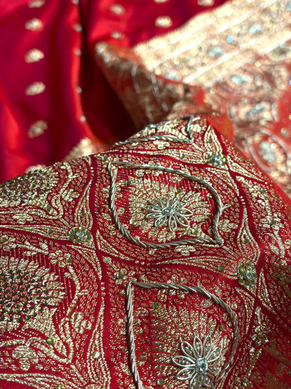 Banarasi Cross Red Work Pattern Satin Katan Silk Saree BSK72