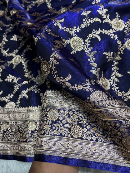 Satin Silk Banarasi Jaal in Royal Blue Shades with Work BSS14