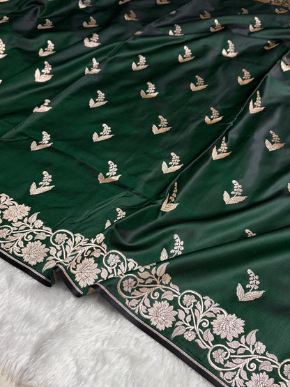 Dark Bottle Green Boota With Floral Border Mashru Silk Saree MSM-90