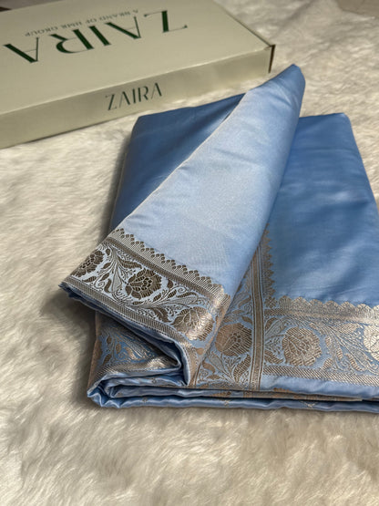 Powder Blue Shades Plain Mashru Silk Saree