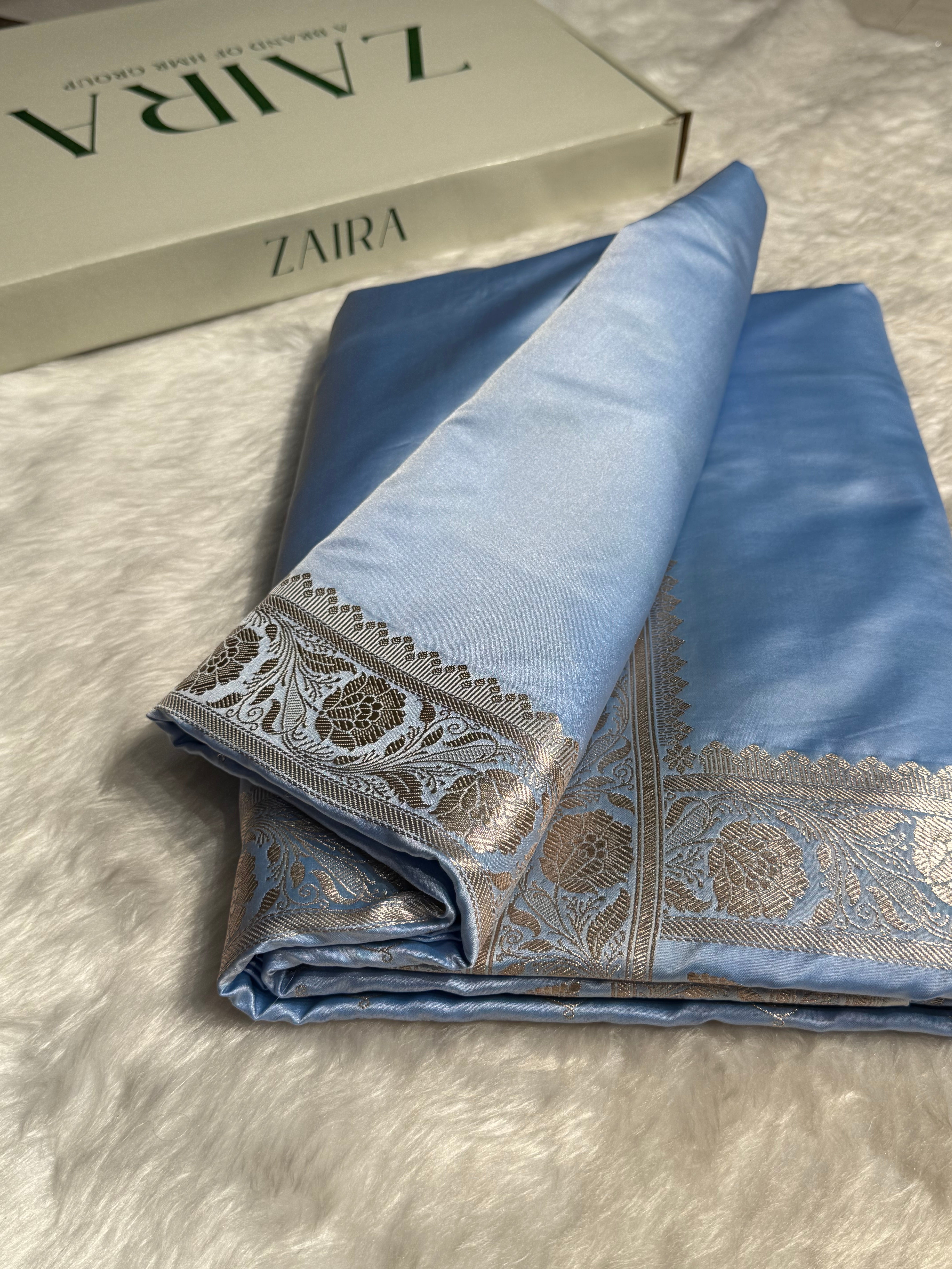 Powder Blue Shades Plain Mashru Silk Saree