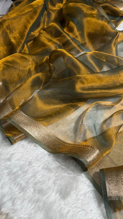 Cross Mehendi Shades Pure Tissue Silk Saree with Brocade Blouse PT-09