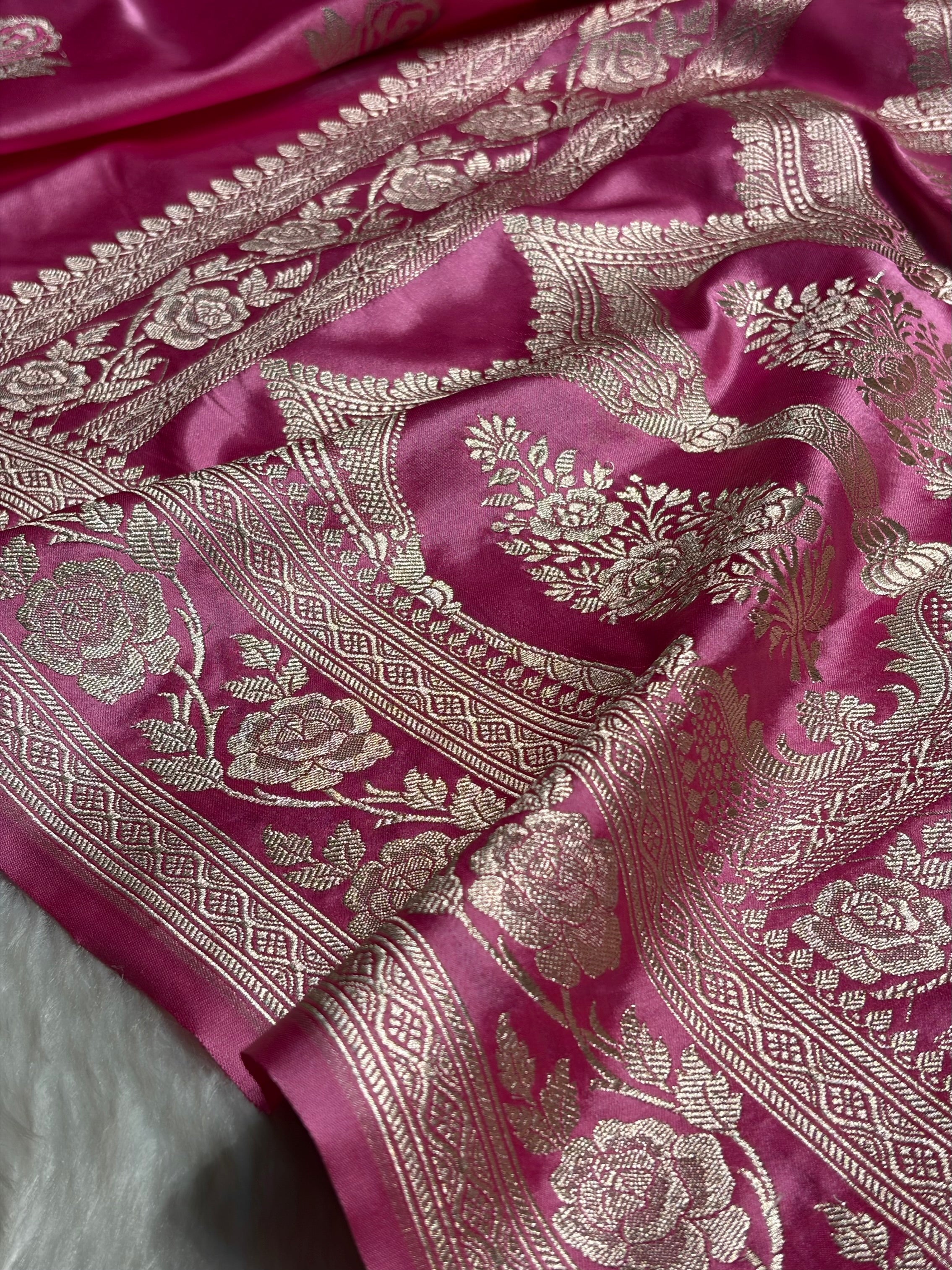 Baby Pink Rose Motif Mashru Silk Saree