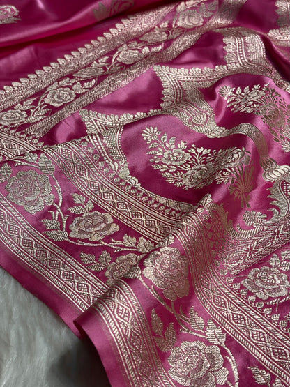 Baby Pink Rose Motif Mashru Silk Saree