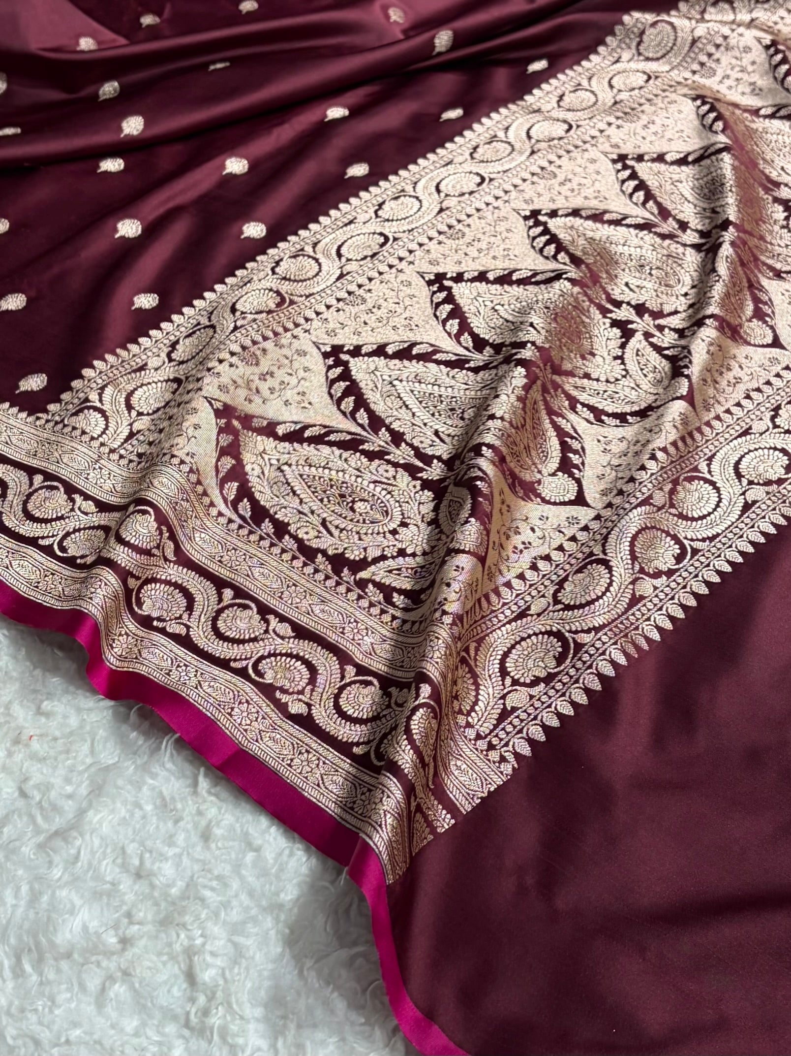 Banarasi Garnet Boota With Floral Border Mashru Silk Saree
