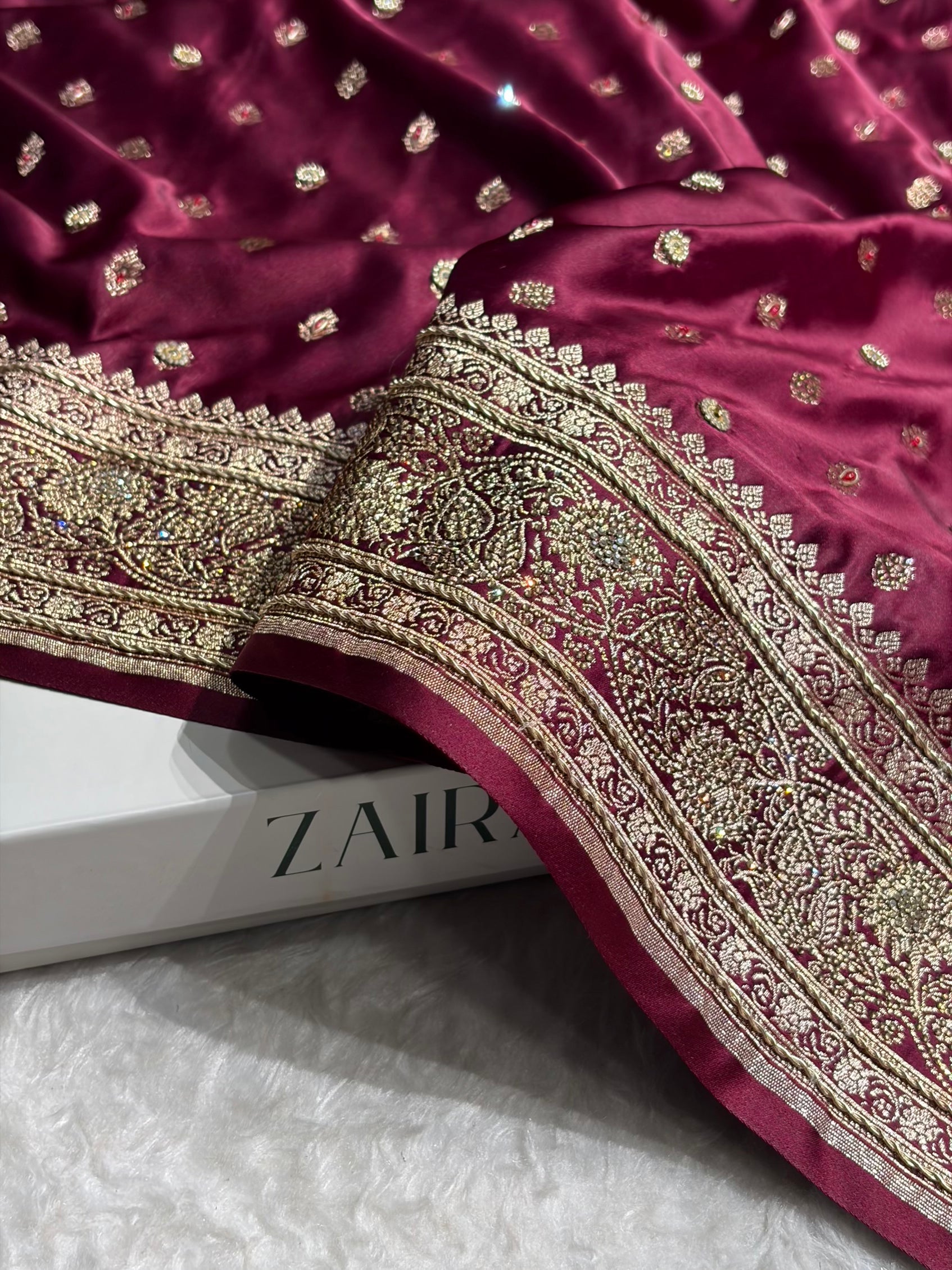 Banarasi Chocolate Booti Pattern With Ari Zardozi Stone Work Satin Katan Silk Saree BSK53