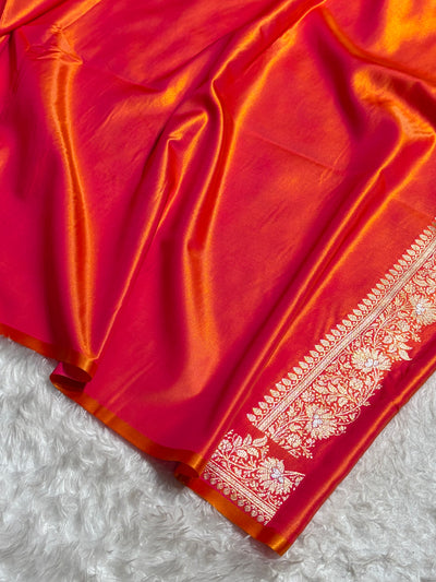 Banarasi Pinkish Orange Shades Minakari Booti Pattern Banarasi Satin Silk Saree SS60