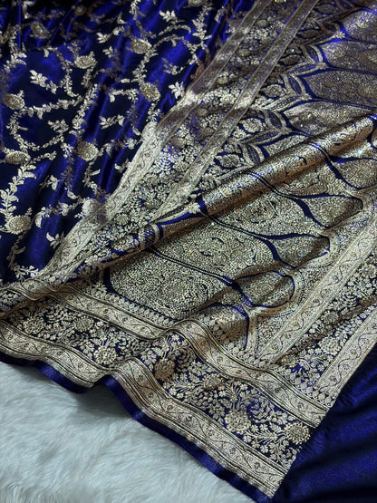 Satin Silk Banarasi Jaal in Royal Blue Shades with Work BSS14