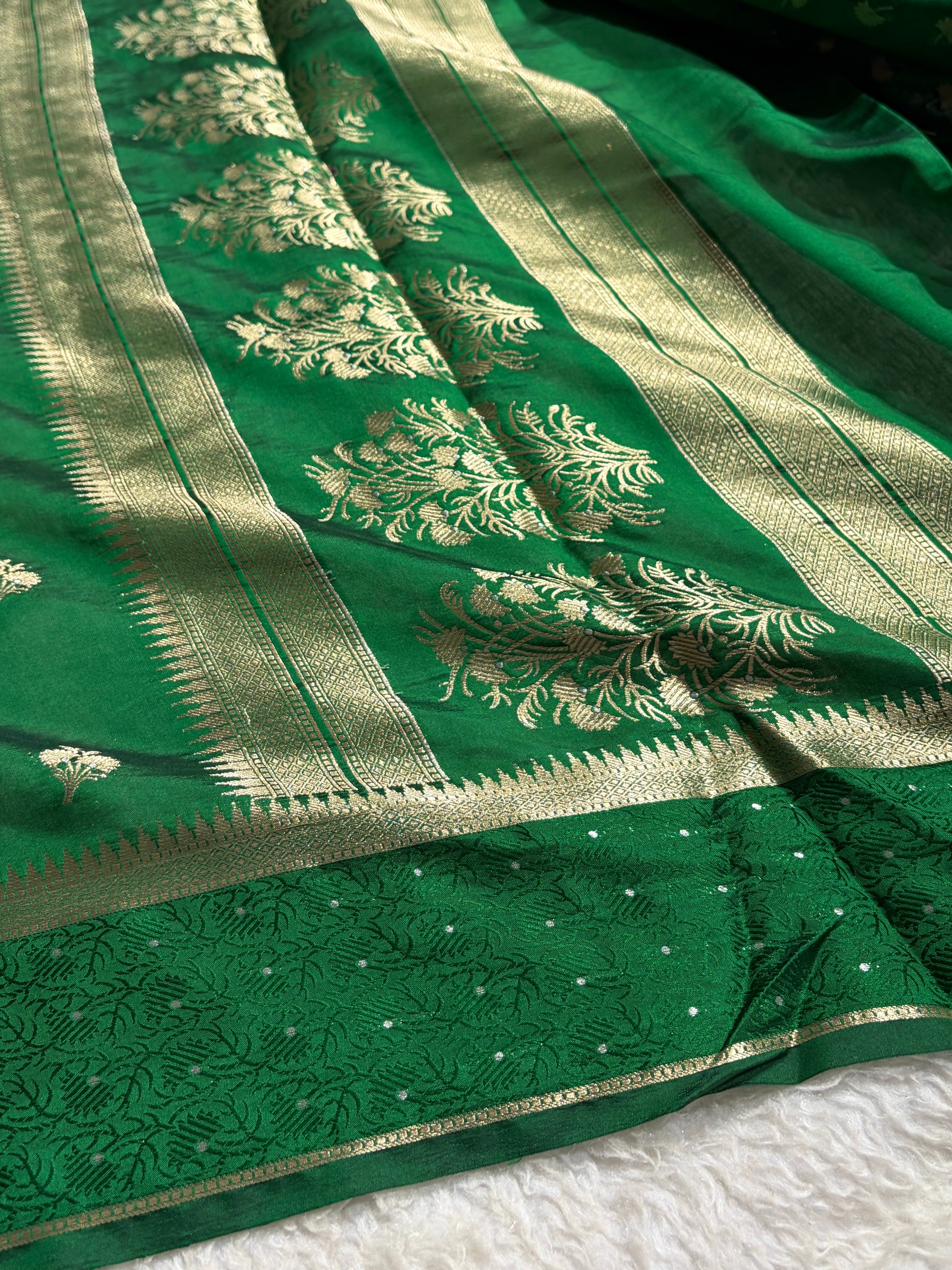 Bottle Green Shade Flower Boota Pure Caramel Mango Silk Saree CS-15