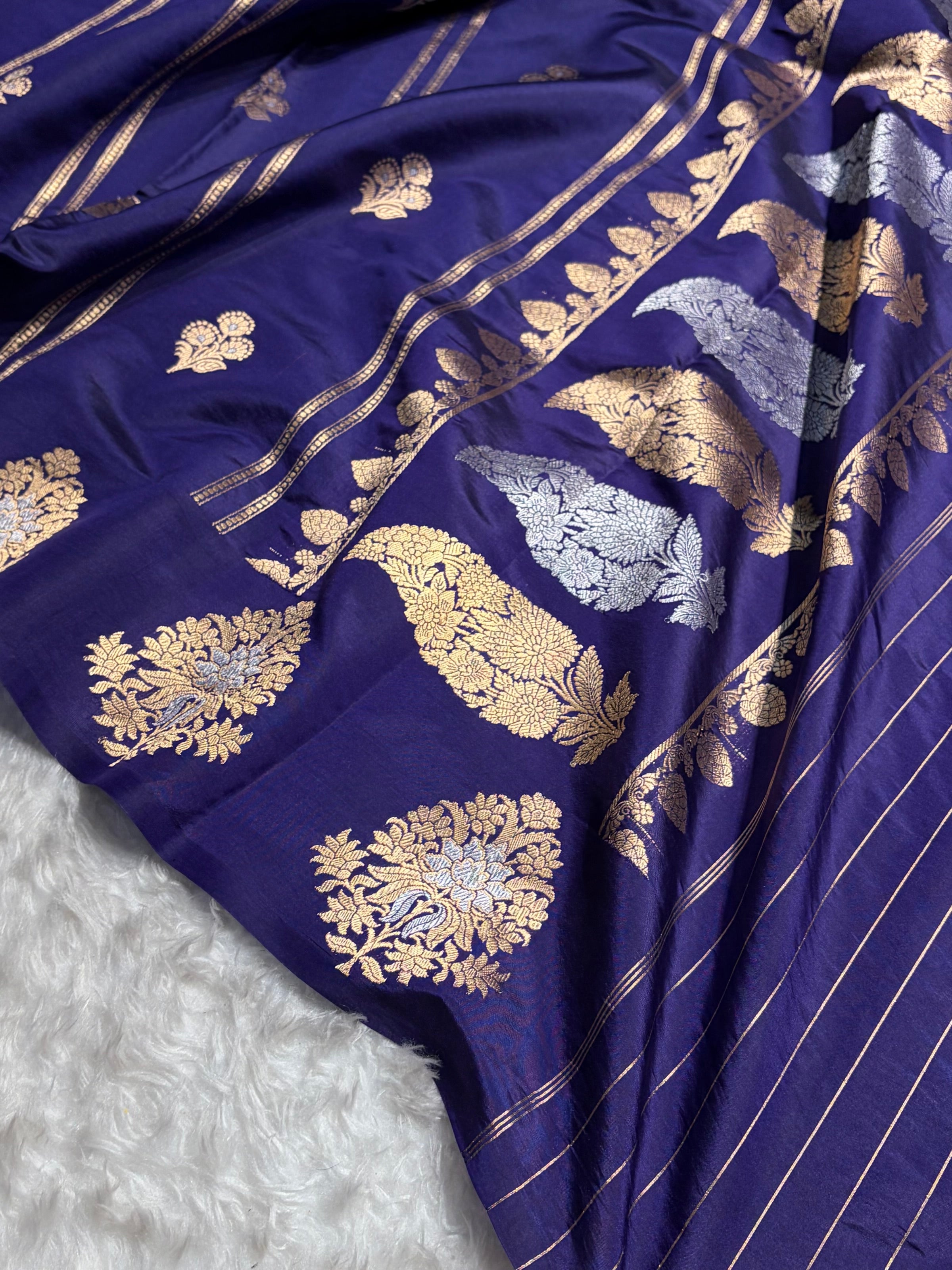 Navy Blue Shades Banarasi Handwoven Pure Paper Katan Silk  RM-66