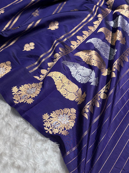 Navy Blue Shades Banarasi Handwoven Pure Paper Katan Silk  RM-66