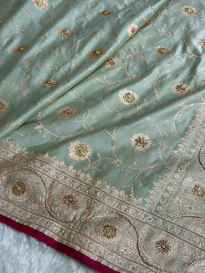 Pastel Mahndi Banarasi Jaal Satin Katan Silk Saree with Stone & Zardozi Work BSK06
