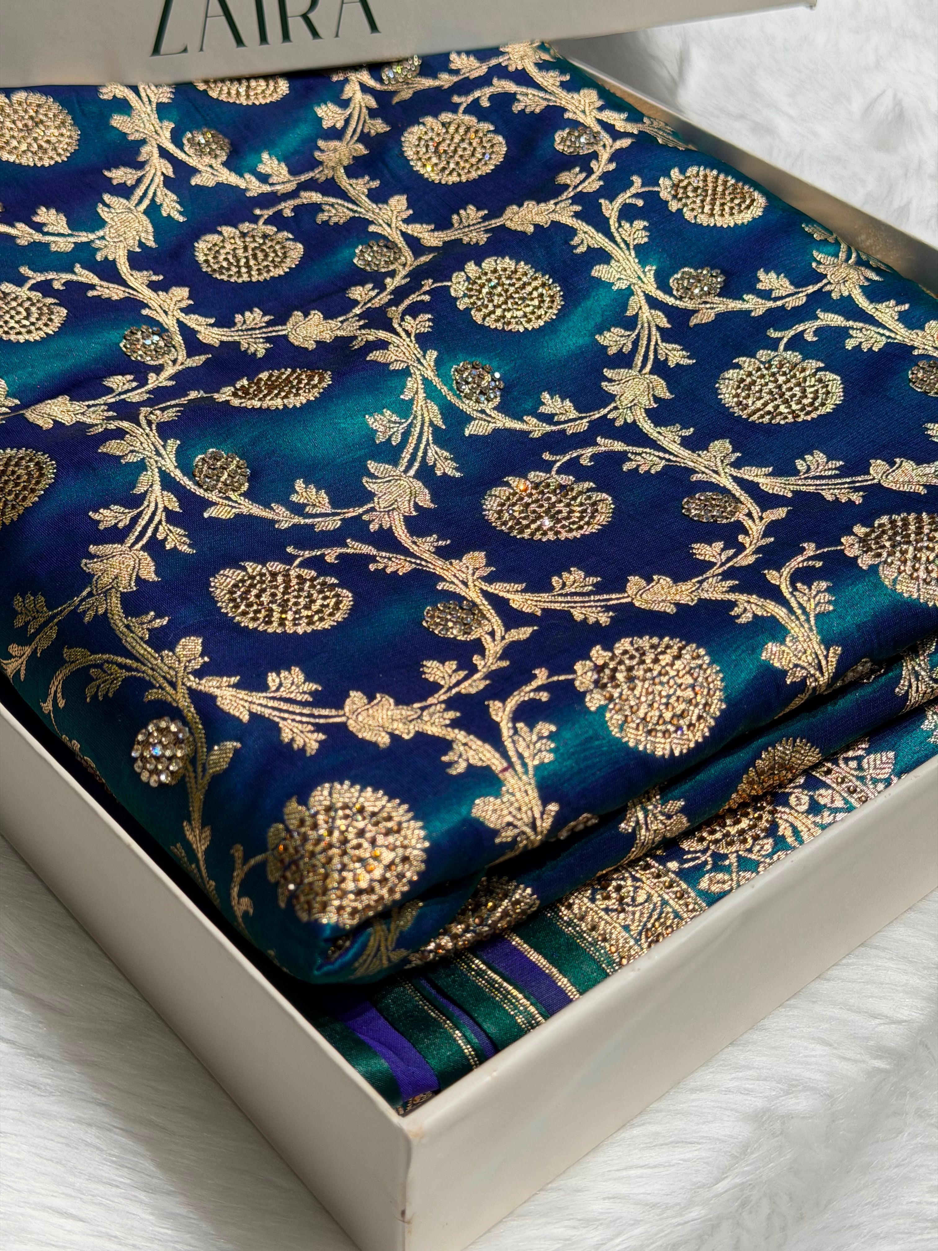 Peacock With Swarovski Stone Work Jaal Pattern Satin Silk Saree BSS15