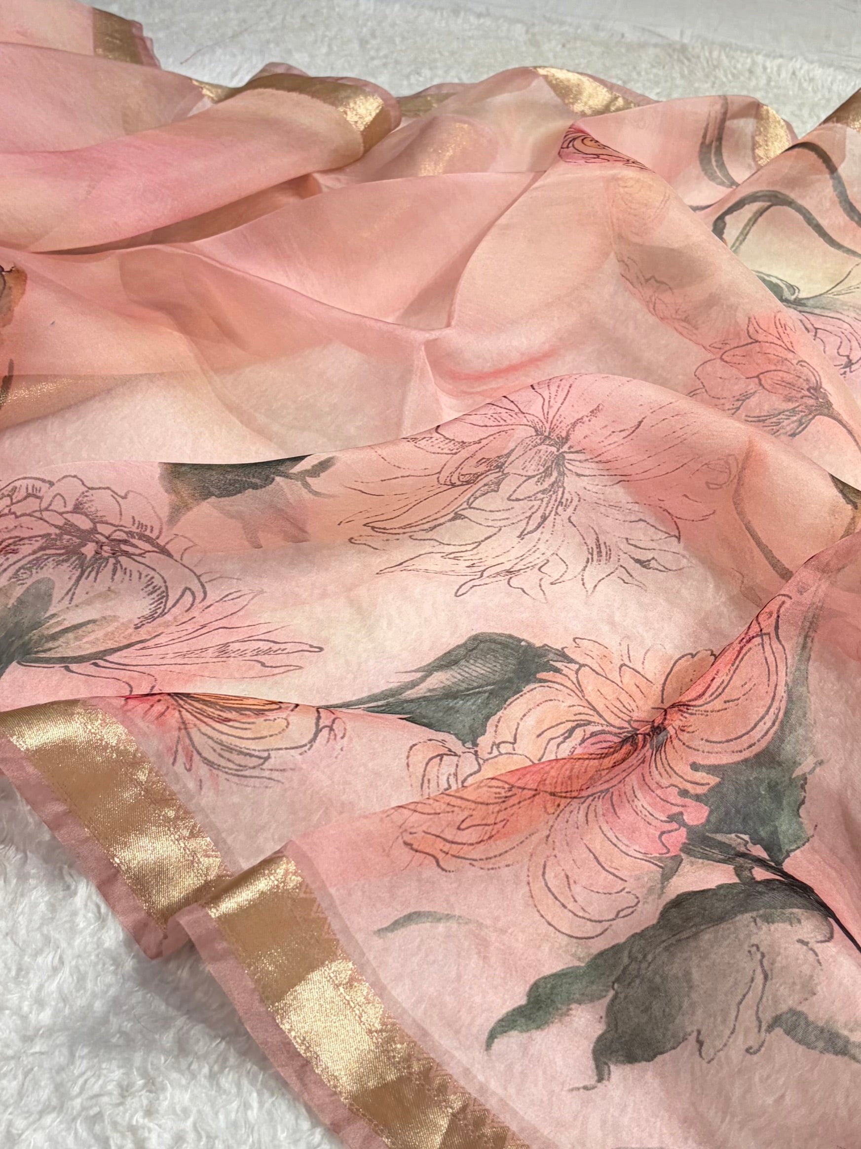 Organza with Pastel Multicolor Florals & Gold Zari Border POP19