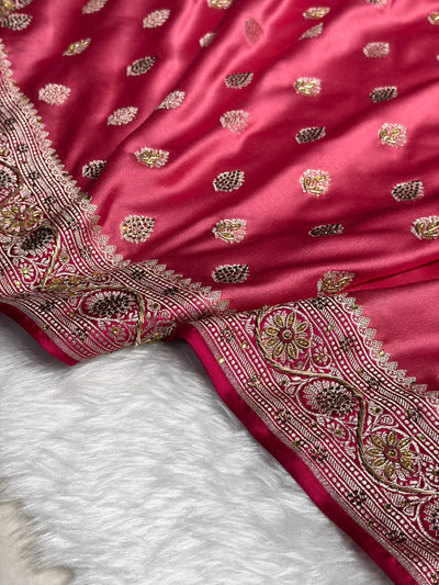 Banarasi Blush Baby Pink Shade Stone Zardozi Work Mashru Silk Boota BMCS17