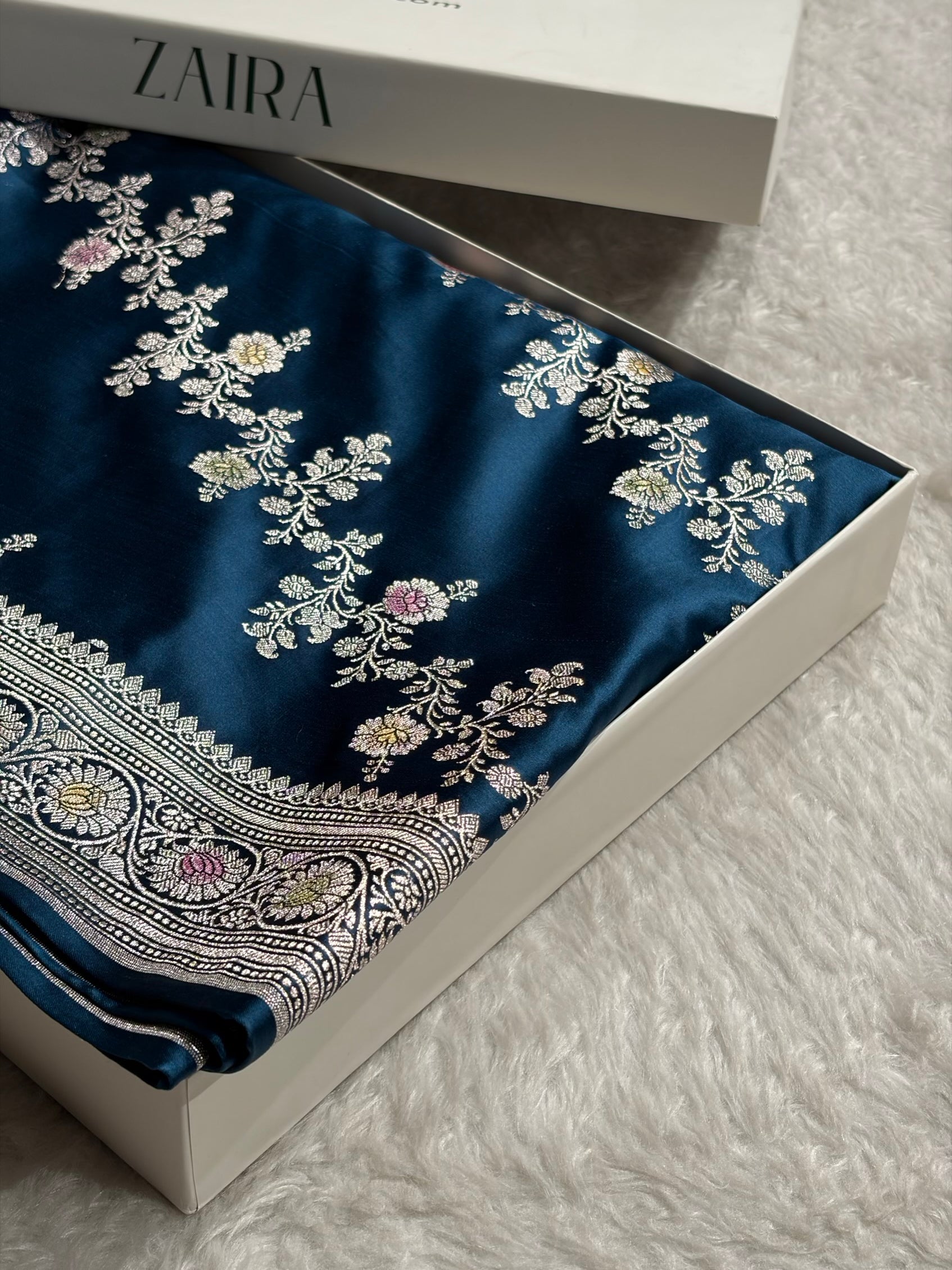 German Blue Minakari Cross Pattern Mashru Silk Saree MCS01