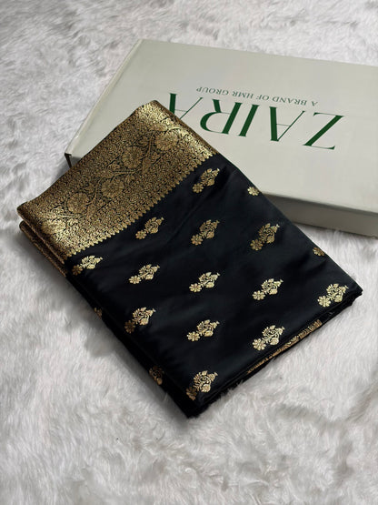 Black Unique Boota Pattern Satin Katan Silk Saree SK68