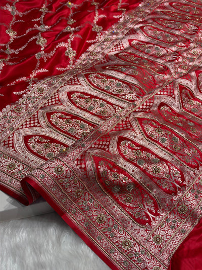 Bridal Red Shades Banarasi Jaal With Zardozi Work Mashru Silk Saree BMSM-127