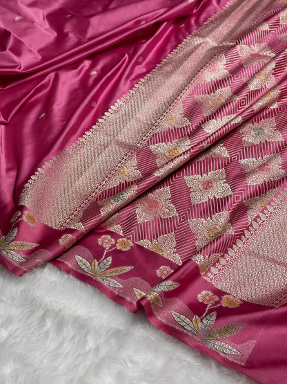 Banarasi Baby Pink Shades Minakari Booti Mashru Silk Saree MS58