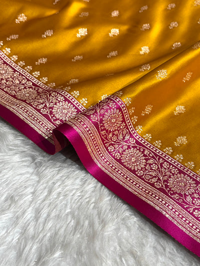 Contrast Mustard / Rani Floral Booti Banarasi Satin Katan Silk Saree SK16