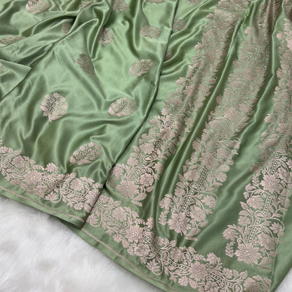 Dusty Pista Mashru Silk Saree With Allover Floral Boota