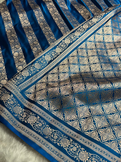 Dark Firozi Shades Banarasi Cross Pattern Floral Mashru Silk Saree MSM-102