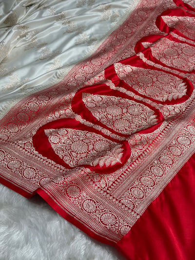 Contrast White / RedBanarasi Cross Mashru Silk Saree MCS01