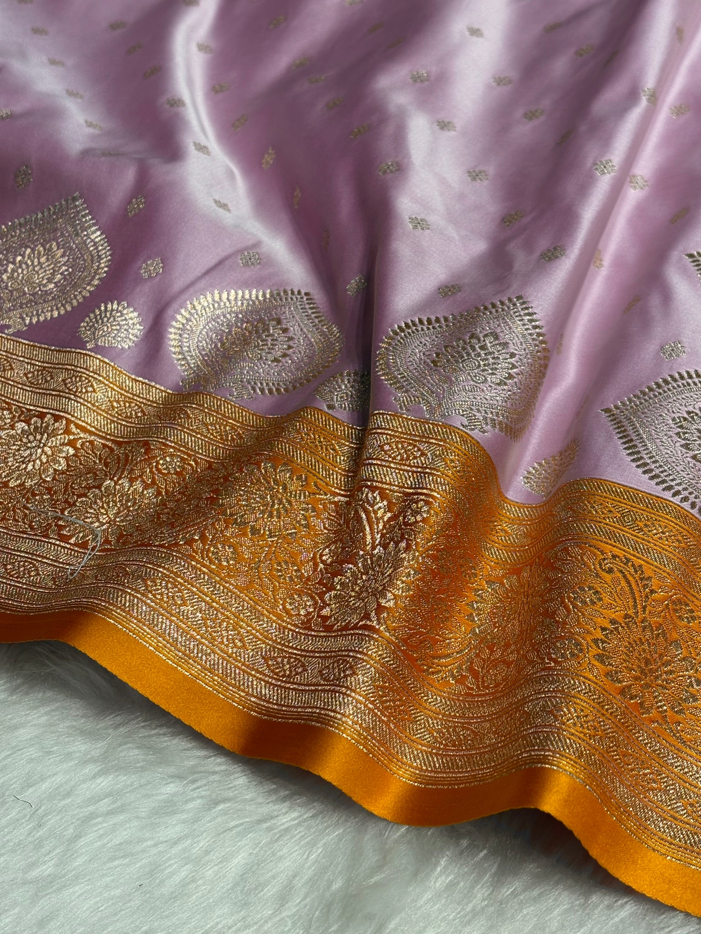 Lavender with Mustard Booti Satin Katan Silk saree SK29