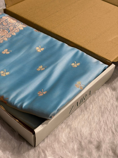 Banarasi Sky Blue Booti Katan Silk Saree SK09