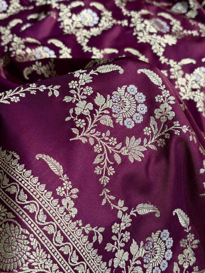 Banarasi Satin Katan Saree With Minakari Jaal Pattern in Wine Shades SK126