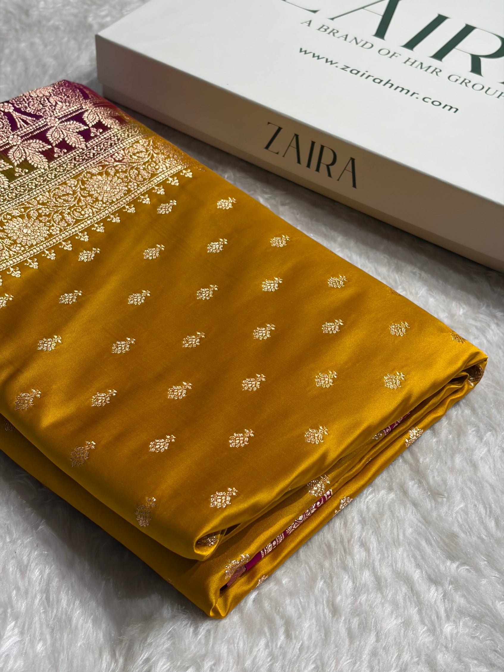 Contrast Mustard / Rani Floral Booti Banarasi Satin Katan Silk Saree SK16