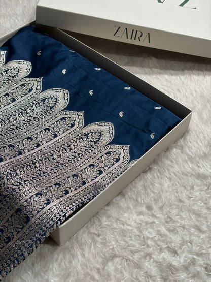 Banarasi Skirt Border In Navy Blue Shades Mashru Silk Saree MS13