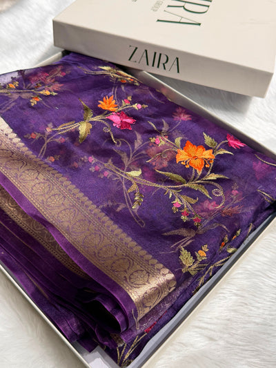 Purple Shades With Floral Embroidered Pure Tissue Silk Saree with Brocade Blouse PTE-09