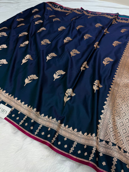 German Blue Floral Booti Motif Mashru Silk Saree MSM 08