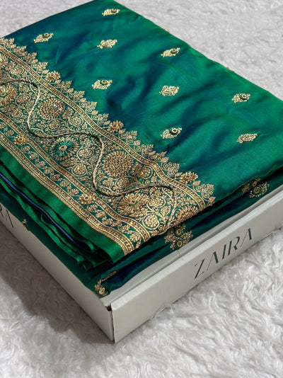 Banarasi Bridal Cross Green Work Pattern Satin Katan Silk Saree BSK82